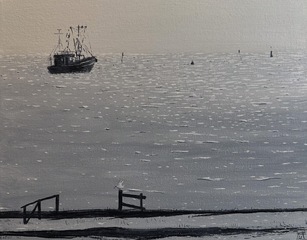 Öl auf Leinwand : Auf einen guten Fang , 24 cm x 30 cm , verkauft .