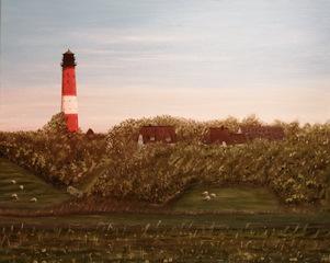   Öl auf Leinwand: Pellwormer Leuchtturm vom Deich aus gemalt . Größe: 40 cm x 50 cm. Verkauft.