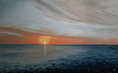   Öl auf Leinwand: Sonnenuntergang an der Hooger Fähre . Größe: 40 cm x 60 cm. Verkauft.